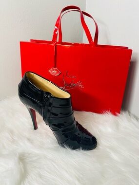 Christian Louboutin Authentic Black Patent Peep-Toe Booties with Iconic Red Sole